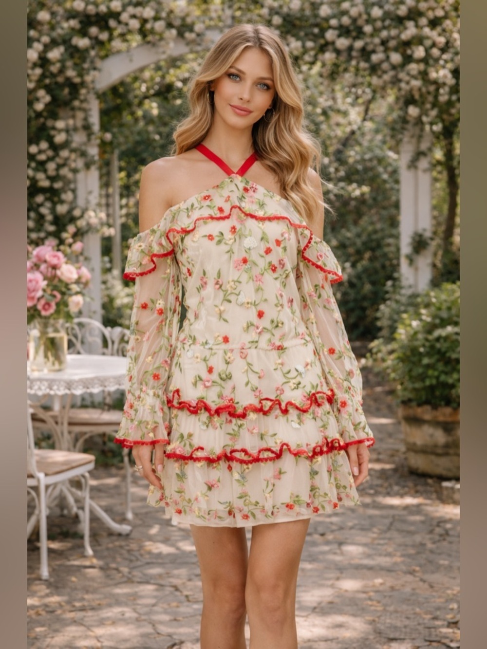 Alexis Floral Off Shoulder Mini Dress Ruffle Red Cream Small